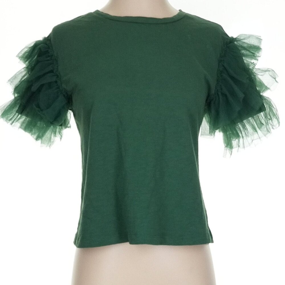 Green 100% cotton T w/ unique puff sleeve detail -for fashion or costume size XS
